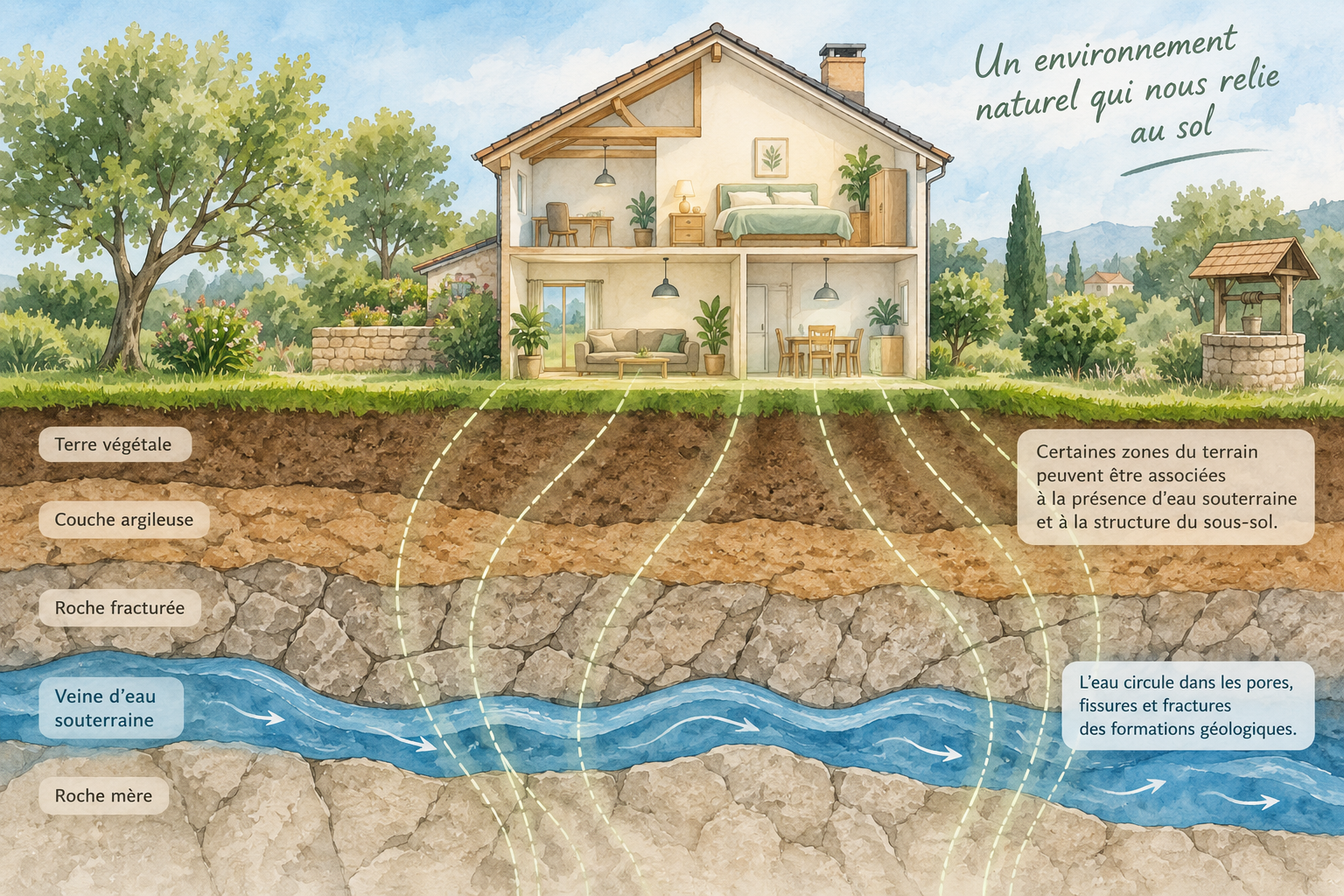Illustration des rayonnements telluriques et de la circulation des eaux souterraines sous l’habitat