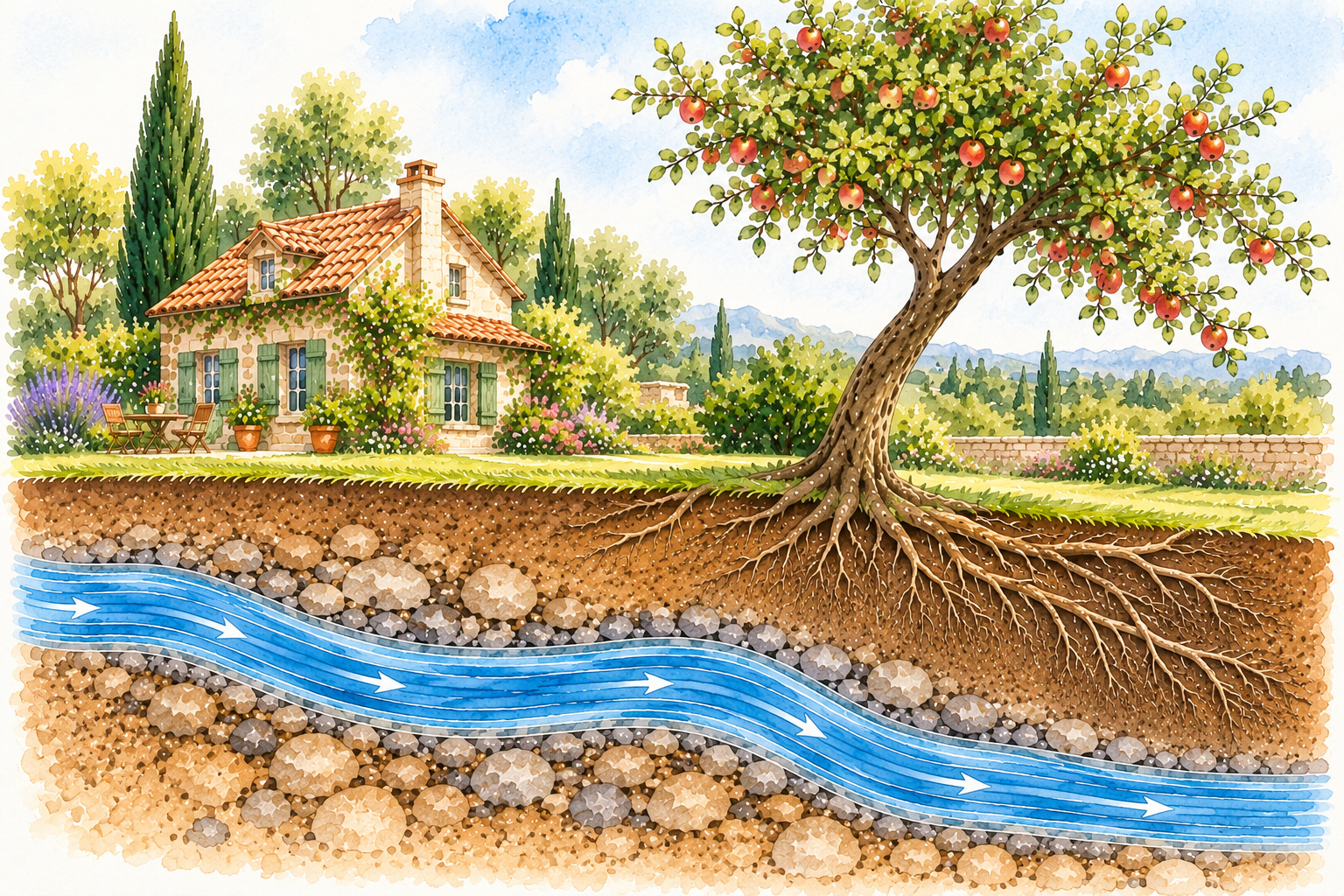 Illustration d’un pommier dans son environnement