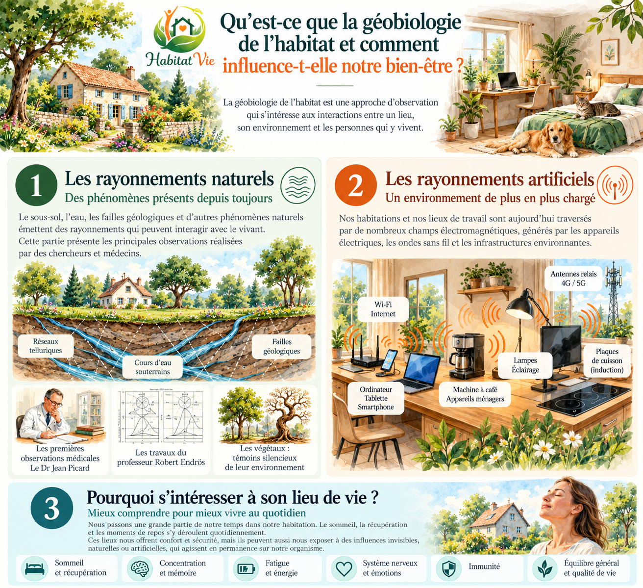 Illustration de l’article : définition de la géobiologie de l’habitat, rayonnements naturels, rayonnements artificiels et intérêt du lieu de vie