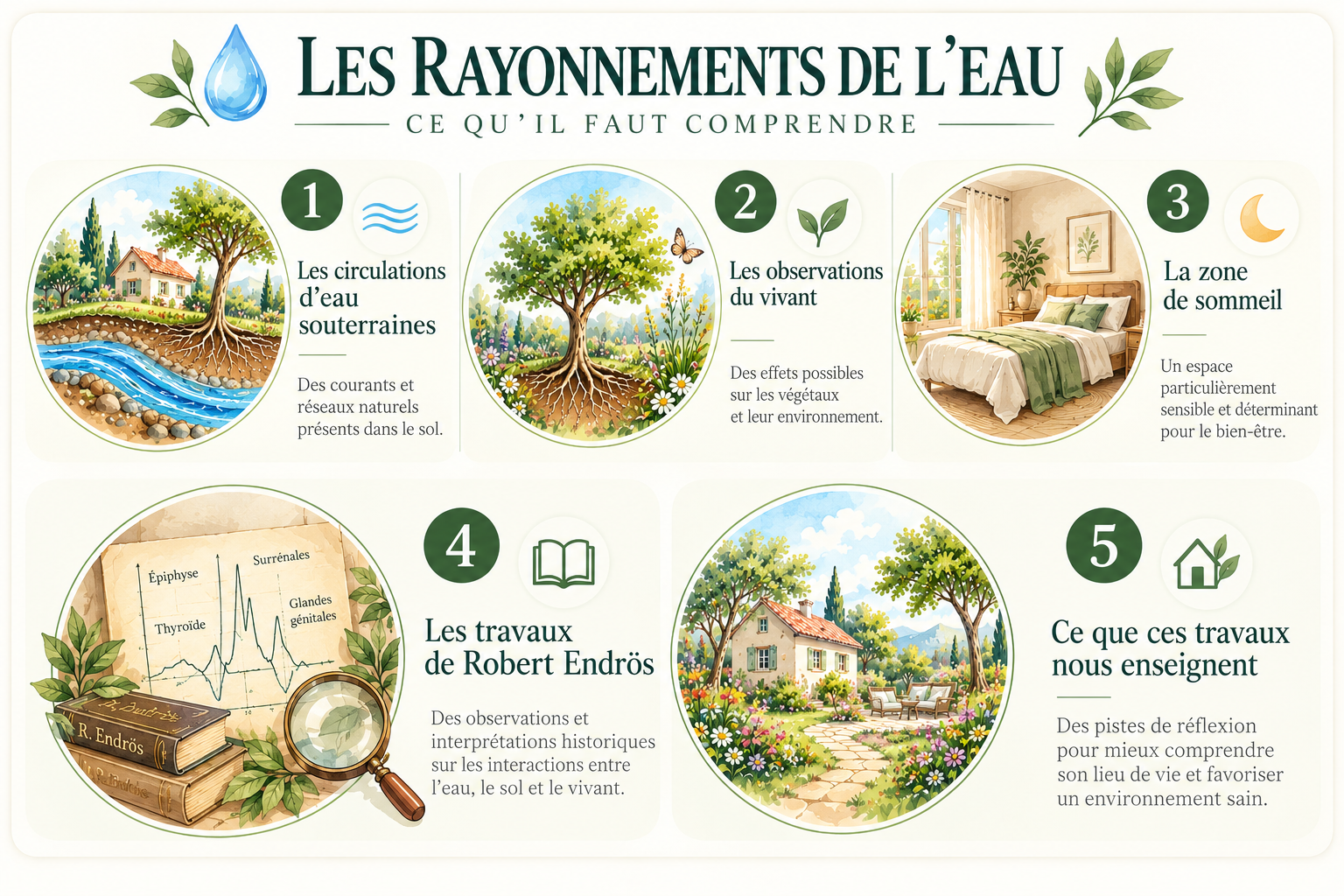 Illustration synthétique des cinq thèmes de l’article sur les rayonnements de l’eau