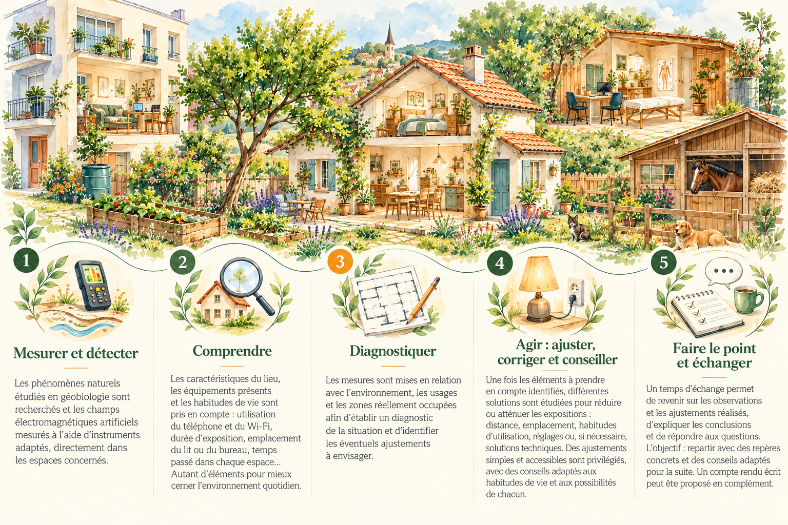 Illustration aquarelle de différents lieux de vie : maison, appartement, bureau, jardin et écurie, autour des cinq étapes d’une étude Habitat Vie.