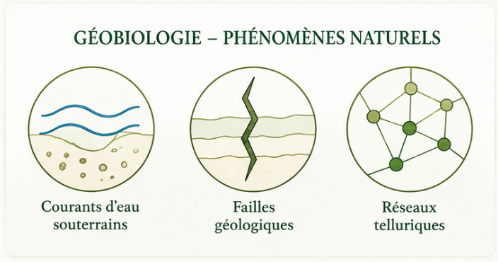 Trois phénomènes naturels étudiés en géobiologie : courants d’eau souterrains, failles géologiques et réseaux telluriques